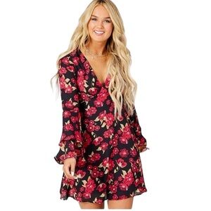 Altar'd State Juliette Black & Red Floral Bell Sleeves Mini Dress Large